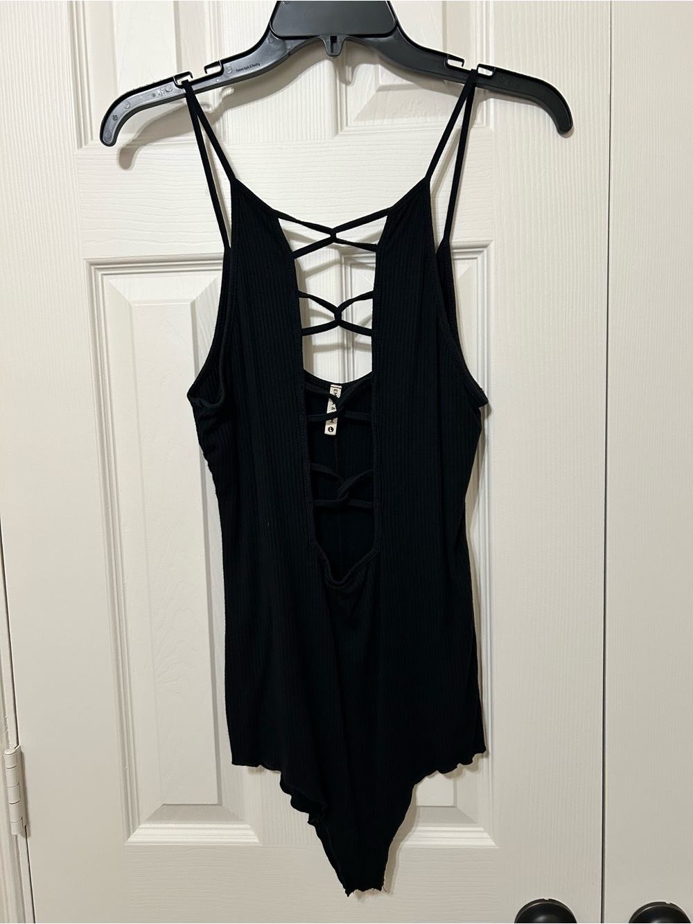 Emma & Sam Black Ribbed Strappy Front Snap closure Bodysuit club festival edm